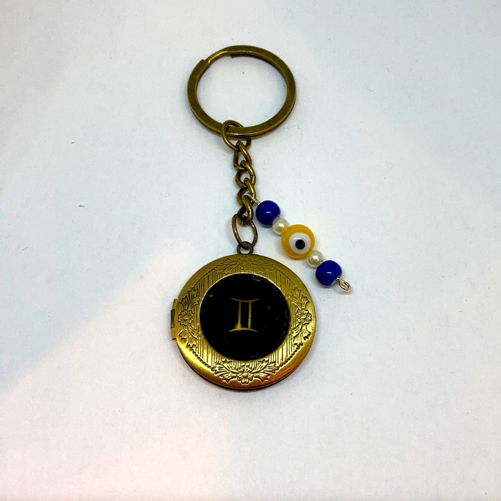 Zodiac Libra Locket Keychain: Balancing Harmony w/ Greek Key and Evil Eye Charm